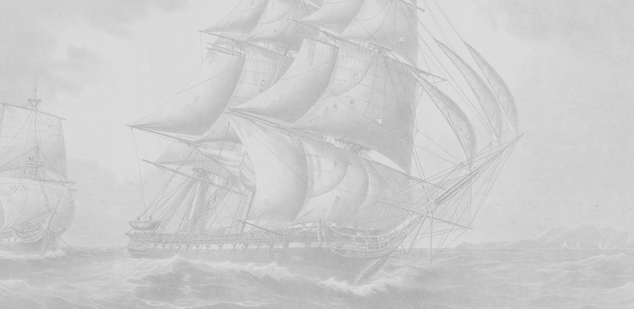 Cropped view of an engraving recolored in light greyscale tones shows the USS Constitution on the water, with another ship nearby.